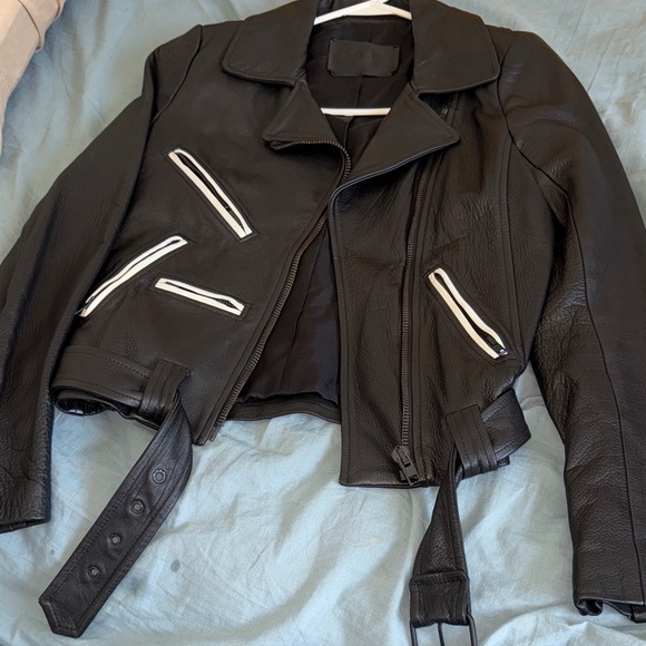 A.L.C. Black Leather Jacket with White Accents - Picture 1 of 2